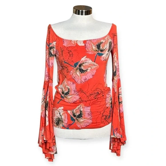 FREE PEOPLE WE THE FREE ORANGE FLORAL OFF THE SHOULDER BELL SLEEVE FITTED TOP - Picture 2 of 15